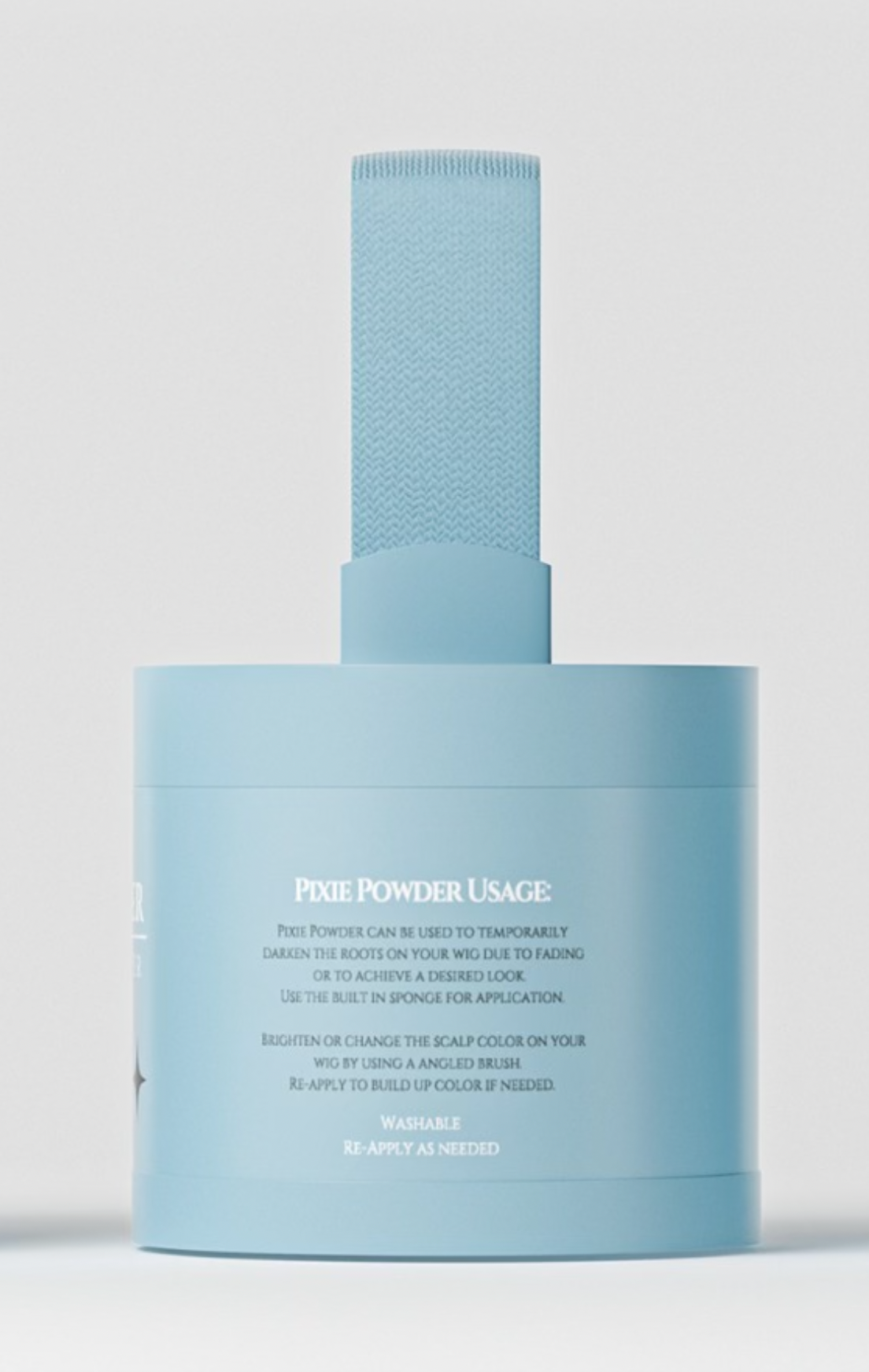 Wig Fairy Powder in Blue packaging, showing the closed jar with professional powder for natural wig coverage.