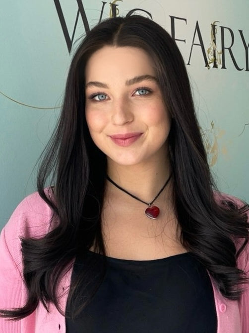 Darcy lace top wig, 24 inches in black, crafted from 100% European hair, styled in sleek layers with pre-cut lace for a flawless, natural look.