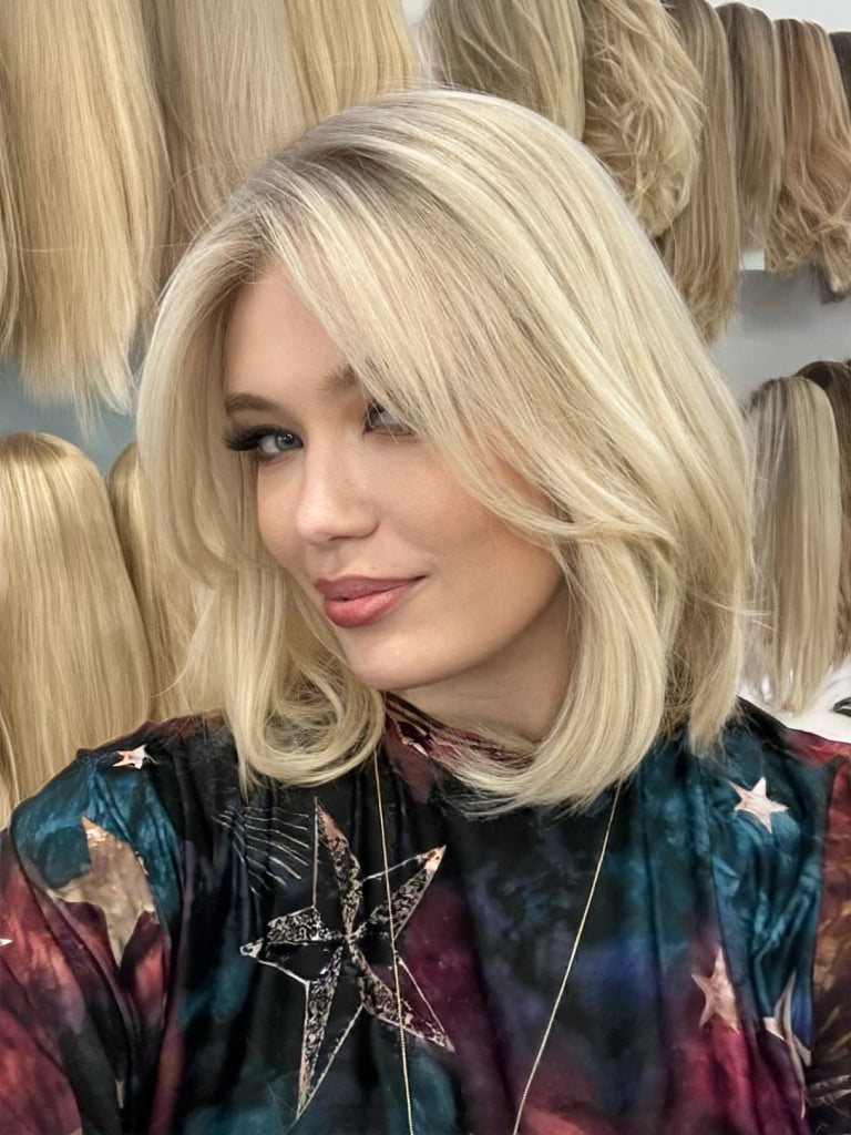 Viral 16-inch blonde bob lace top wig made from 100% European hair, offering a sleek, natural look with flawless pre-cut lace for easy styling.
