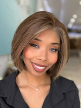 Hazel 12-inch lace top wig with a rich medium brown color, complemented by natural blonde highlights for a flawless, trendy style.