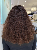 Back view of Leilani 20-inch curly wig in espresso brown with soft highlights, showing expert styling from The Wig Fairy in Beverly Hills.