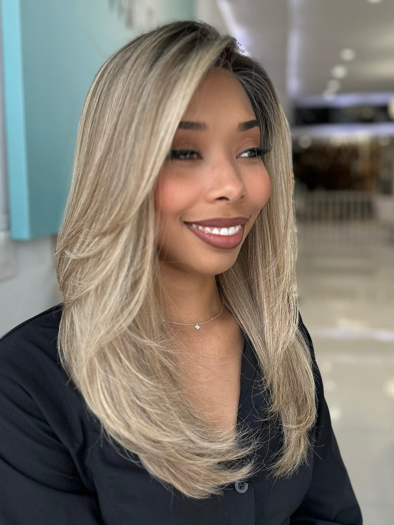 Meet Sky! A stunning 20-inch lace top wig featuring a light brown to blonde balayage, designed for a flawless, natural look. Expert styling consultation included.