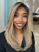 Sky wig with a beautiful light brown to blonde balayage, 20 inches long, offering a smooth and sleek finish. Pre-cut lace for a natural appearance.