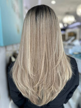 Sky 20-inch lace top wig featuring luxurious light brown to blonde balayage tones, offering a flawless and natural look for any occasion.