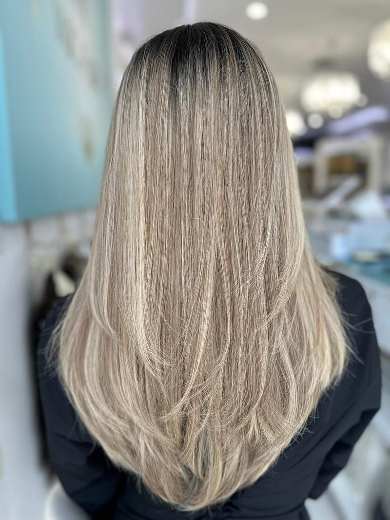 Sky 20-inch lace top wig featuring luxurious light brown to blonde balayage tones, offering a flawless and natural look for any occasion.