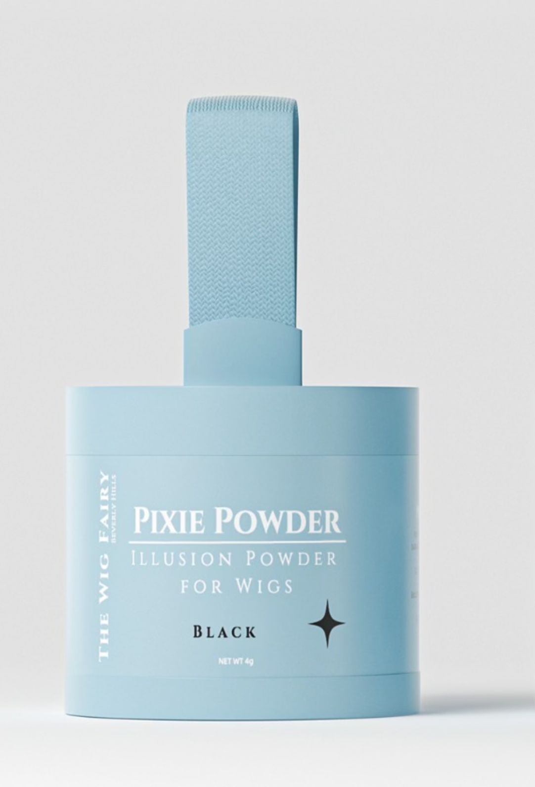 Wig Fairy Powder in Blue packaging with angled brush for precise application on black wigs and scalp blending.