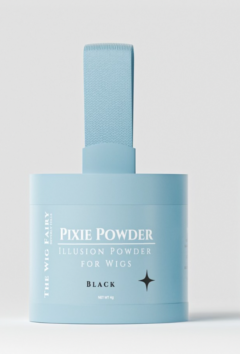 Wig Fairy Powder in Blue packaging with angled brush for precise application on black wigs and scalp blending.