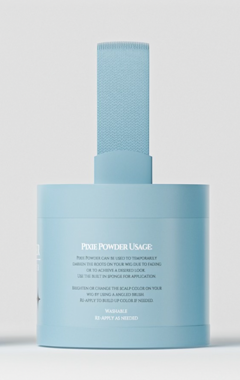 Wig Fairy Powder in Blue packaging, showing the closed jar with professional powder for natural wig coverage.