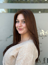 Blaise lace top wig, 24 inches in reddish-brown, styled in a sleek, straight cut for a flawless, confident look with pre-cut lace for seamless wear.