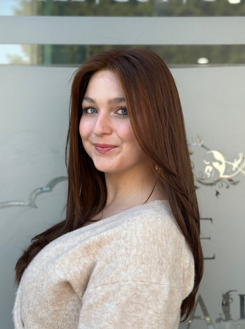 Blaise lace top wig, 24 inches in reddish-brown, styled in a sleek, straight cut for a flawless, confident look with pre-cut lace for seamless wear.