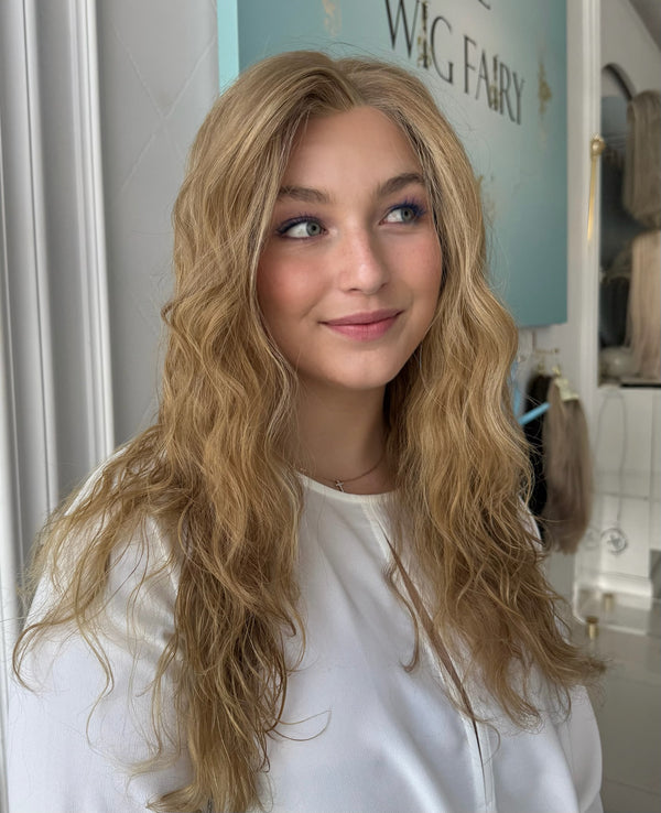 Celine wig with beautiful natural curls, golden blonde, brown shade, and lace front.