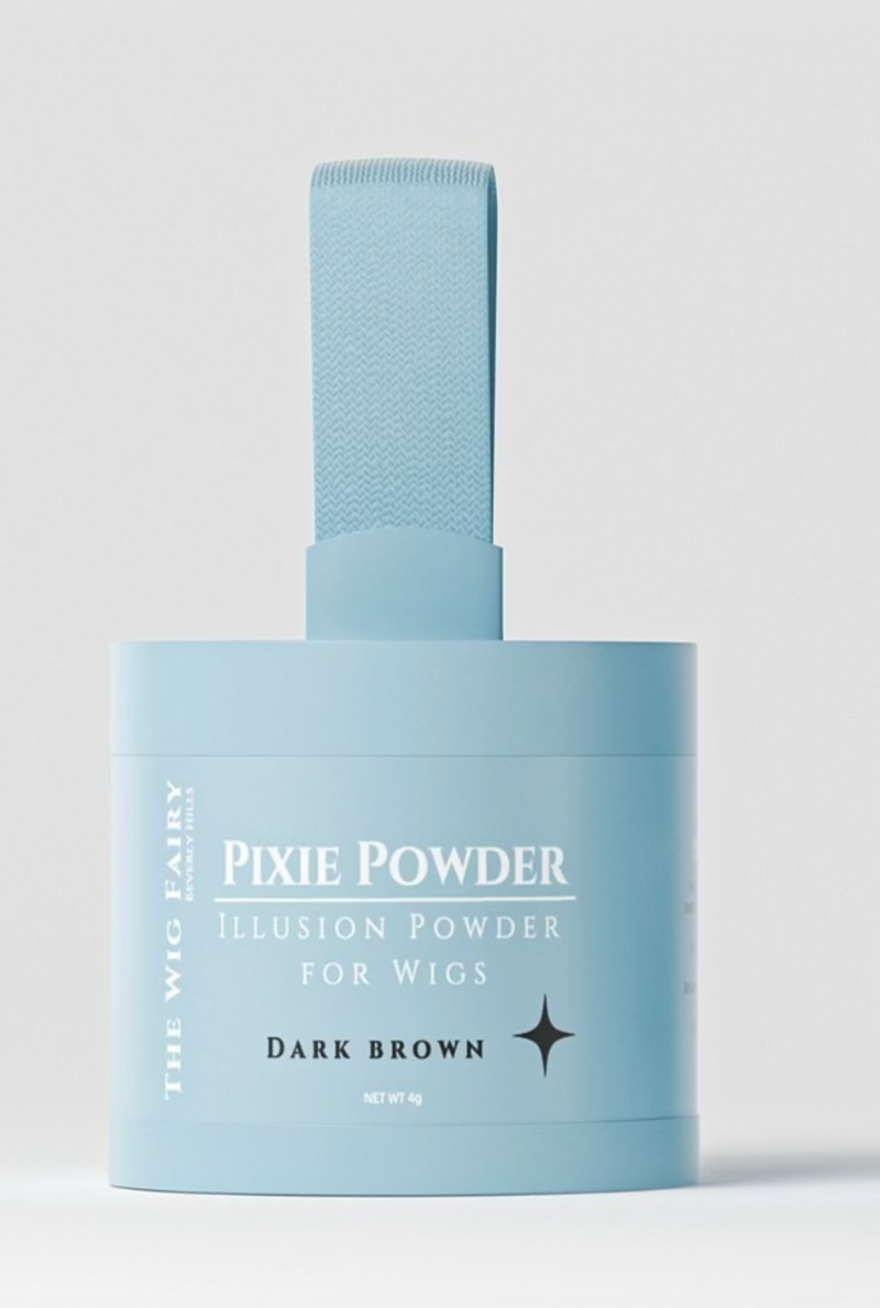 Dark Brown Wig Fusion Powder container with built-in sponge for easy application, designed for a fuller, natural look.