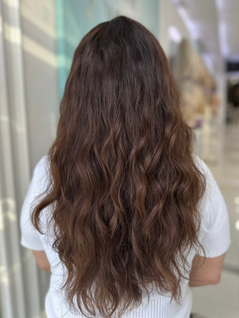 Gabriella lace top wig, 24 inches in dark brown with natural waves, with pre-cut lace for a flawless natural look, styled for elegant waves.