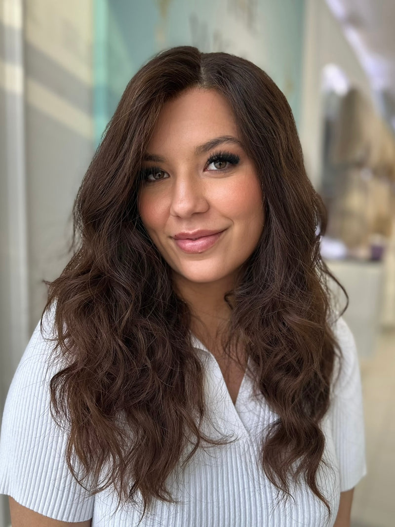 Gabriella lace top wig, 24 inches in dark brown with natural waves, styled for a flawless, natural look with pre-cut lace for easy wear.