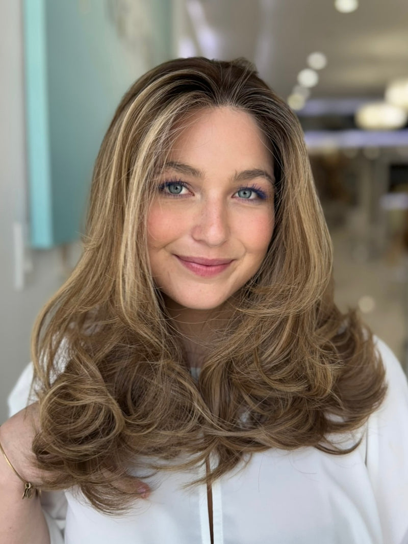 Close-up of the Georgia wig’s hairline and lace, highlighting the natural transition and soft medium brown and caramel color blend.