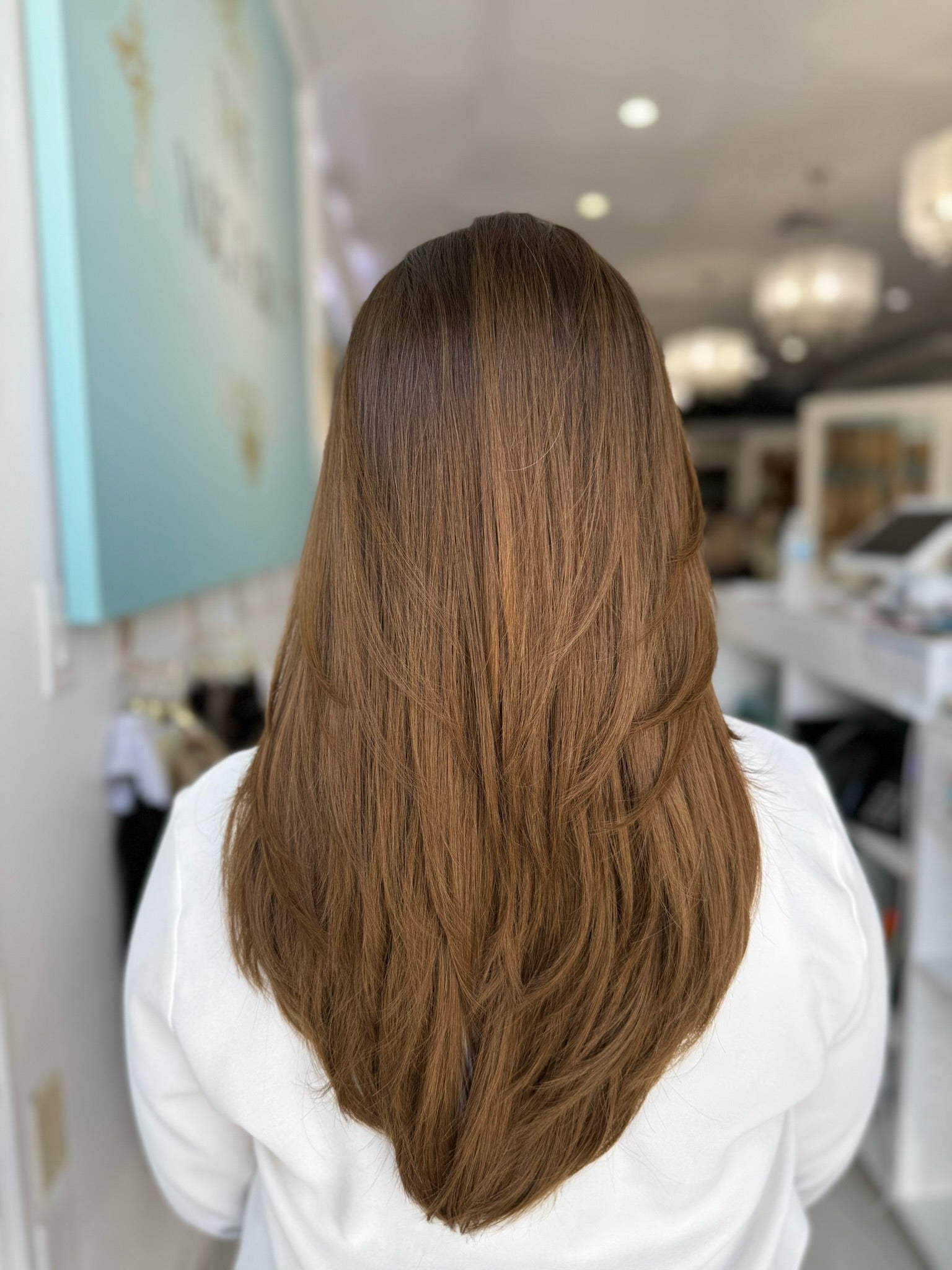 Long layered ombré wig in European human hair with lace top, back view
