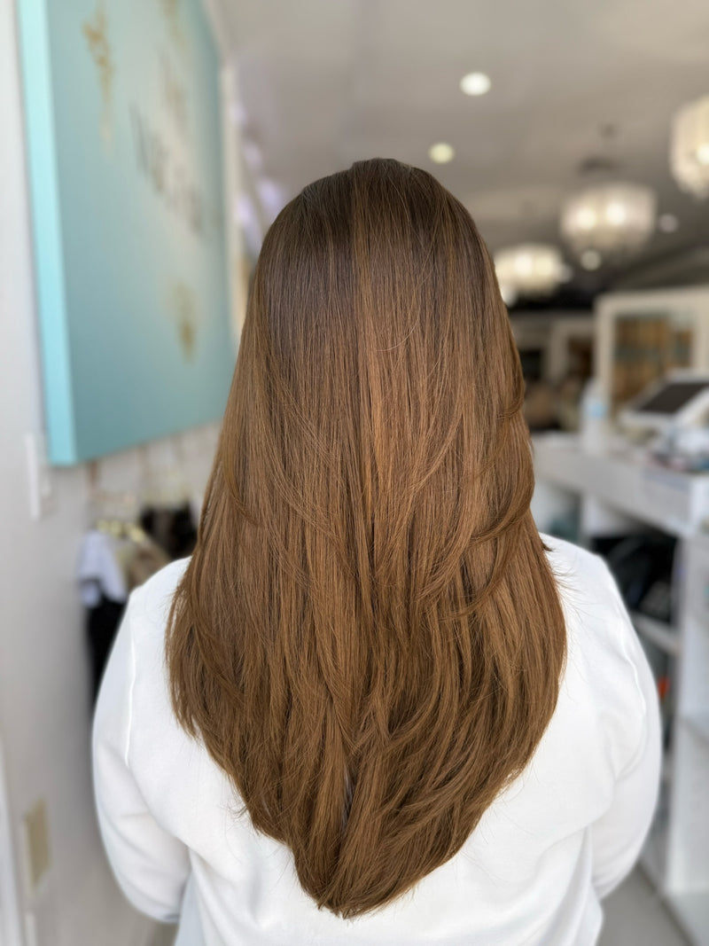Long layered ombré wig in European human hair with lace top, back view