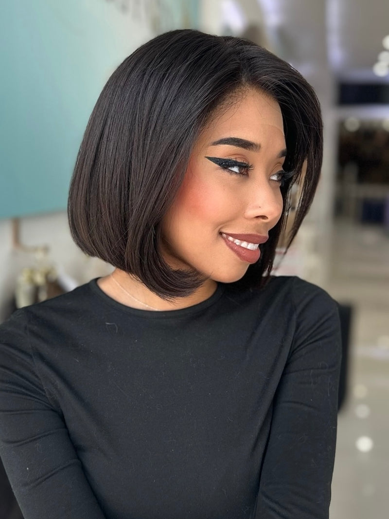 Ivonne 18-inch lace top wig in black, offering a smooth, polished bob style with flawless lace for a chic, natural finish.