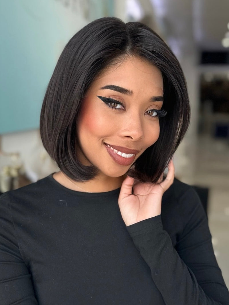 Ivonne lace top wig, 18 inches in black, styled in a sleek bob cut for a flawless, natural look with pre-cut lace for effortless wear.