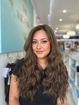 24-inch Brazilian wig in dark brunette blend #6/8 with soft face-framing waves