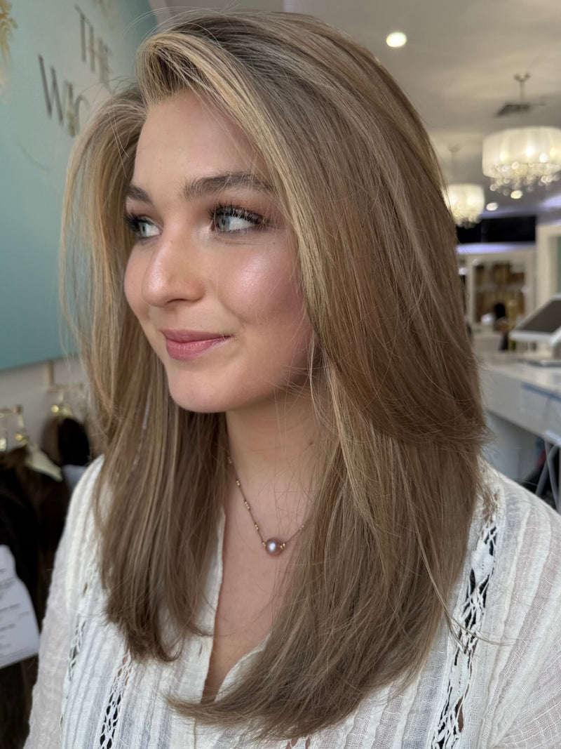 Joann 20-inch lace top wig with blonde highlights and layered cut, offering a polished, natural finish with flawless lace for a chic, stylish look.
