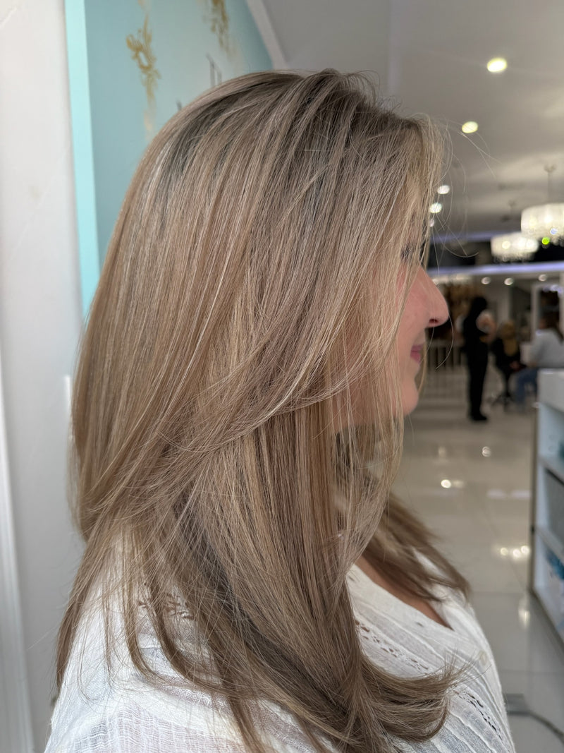 Joann lace top wig, 20 inches with blonde highlights and layered cut, with pre-cut lace for a flawless, natural appearance and sleek, voluminous layers.