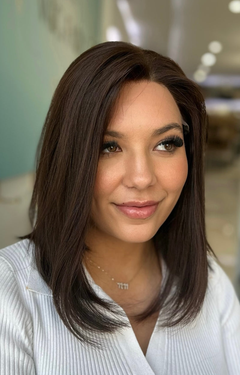 Julia lace top wig, 15 inches in dark brown, styled in a sleek, straight cut for a flawless, natural look with pre-cut lace for easy wear.