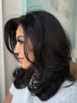 Lily lace top wig, 20 inches in black, with pre-cut lace for a flawless natural look from a side angle.
