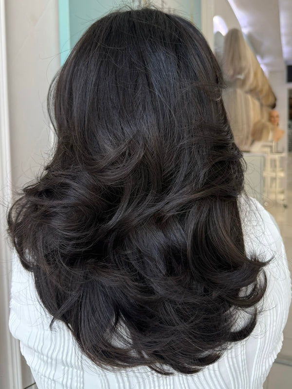Lily lace top wig, 20 inches in black, with pre-cut lace for a flawless natural look, styled in a sophisticated bob.