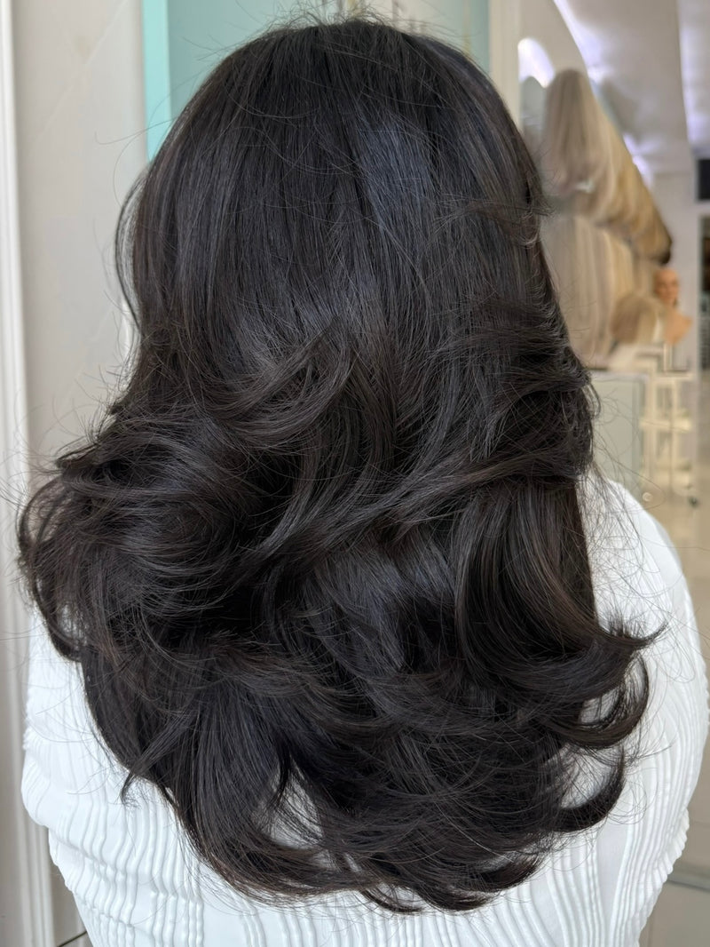 Lily lace top wig, 20 inches in black, with pre-cut lace for a flawless natural look, styled in a sophisticated bob.