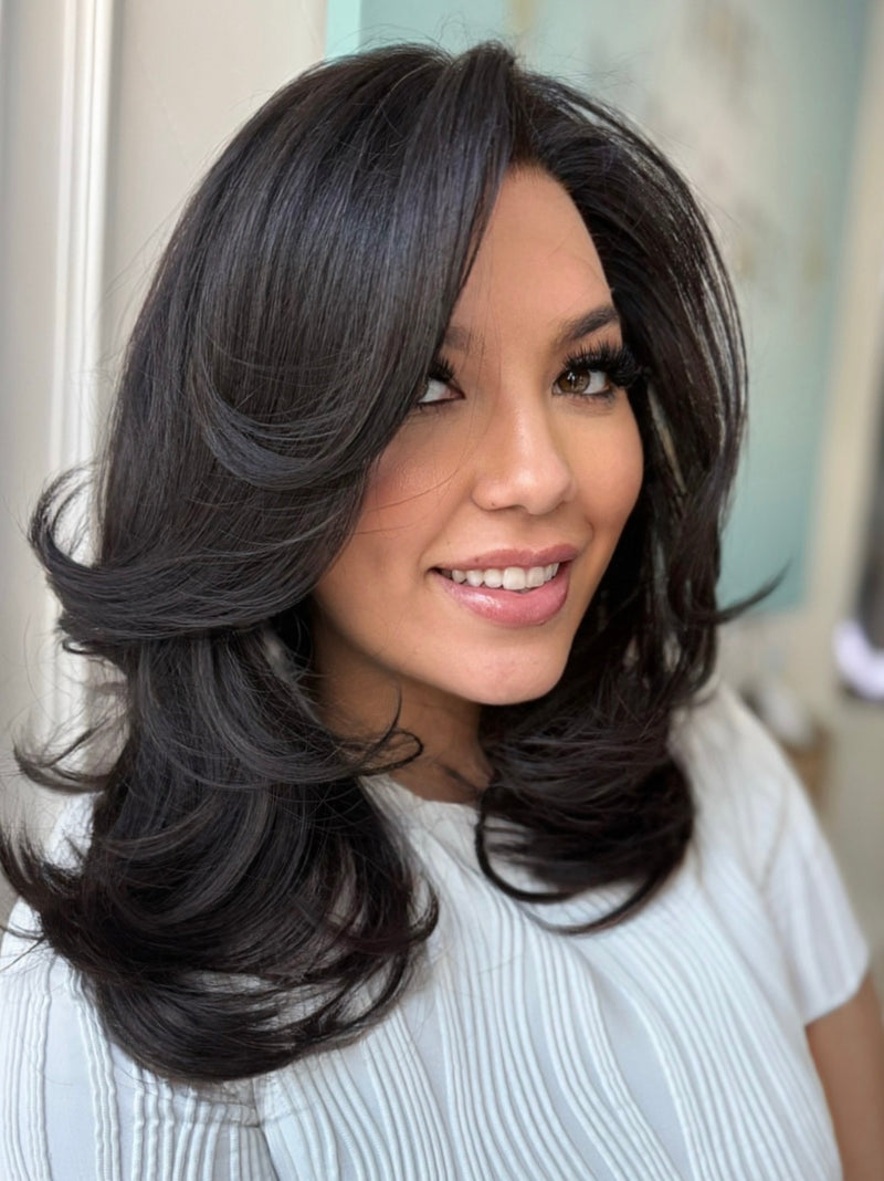 Lily lace top wig, 20 inches in black, styled in an elegant old money bob for a flawless, sophisticated look with pre-cut lace for easy wear.