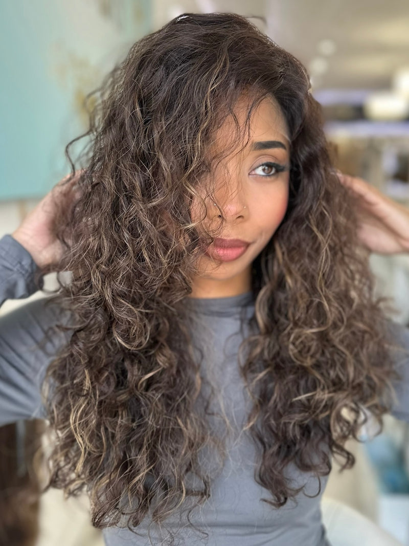 The Marissa wig by The Wig Fairy, a premium curly balayage human hair wig with a soft, natural texture and effortless volume.
