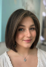 Noelle lace top wig, 16 inches in dark brown with highlights, styled in a chic bob cut for a flawless, natural look with pre-cut lace for easy wear.