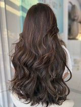 Ruby 30-inch lace top wig in dark brown, featuring long, voluminous layers for a stunning, natural finish with flawless lace for a seamless look.