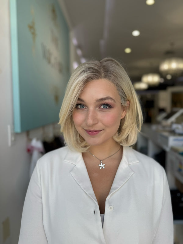 Woman in custom 100% European human hair wig styled in Beverly Hills.