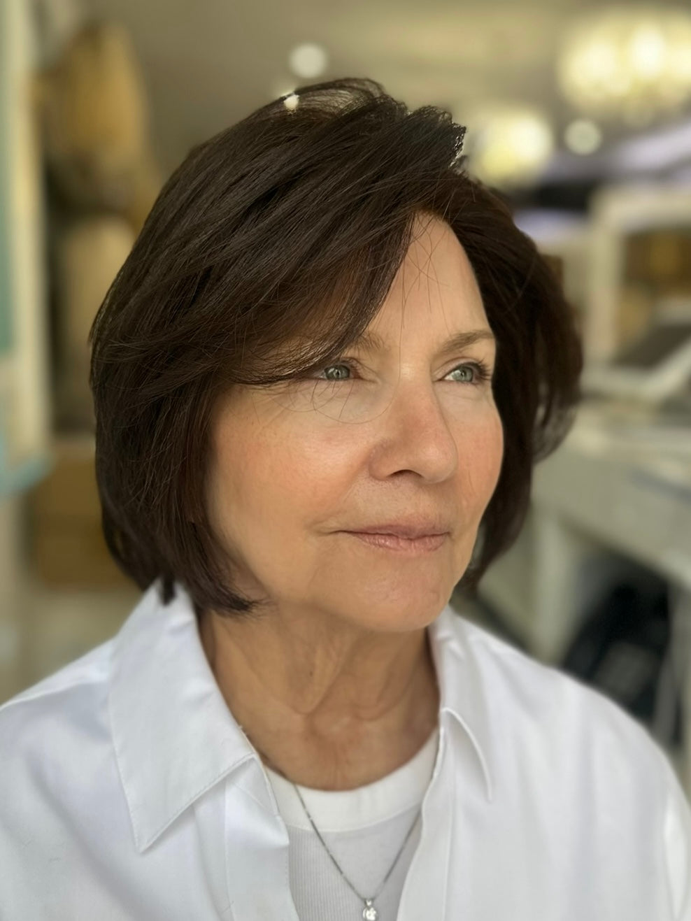 Sharon 12-inch lace top wig in color #4/6, showing a natural bob style, perfect for an effortless, chic appearance.