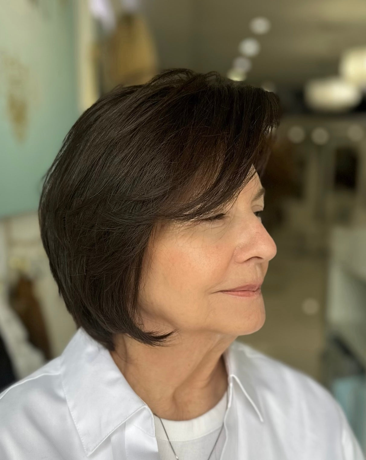 Sharon wig with lace top, 12-inch length in color #4/6, featuring a soft, natural bob cut and flawless lace for a seamless look.