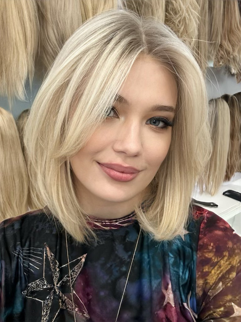 Viral 16-inch lace top wig in blonde, made from 100% European hair, offering a flawless natural look with sleek, polished layers.