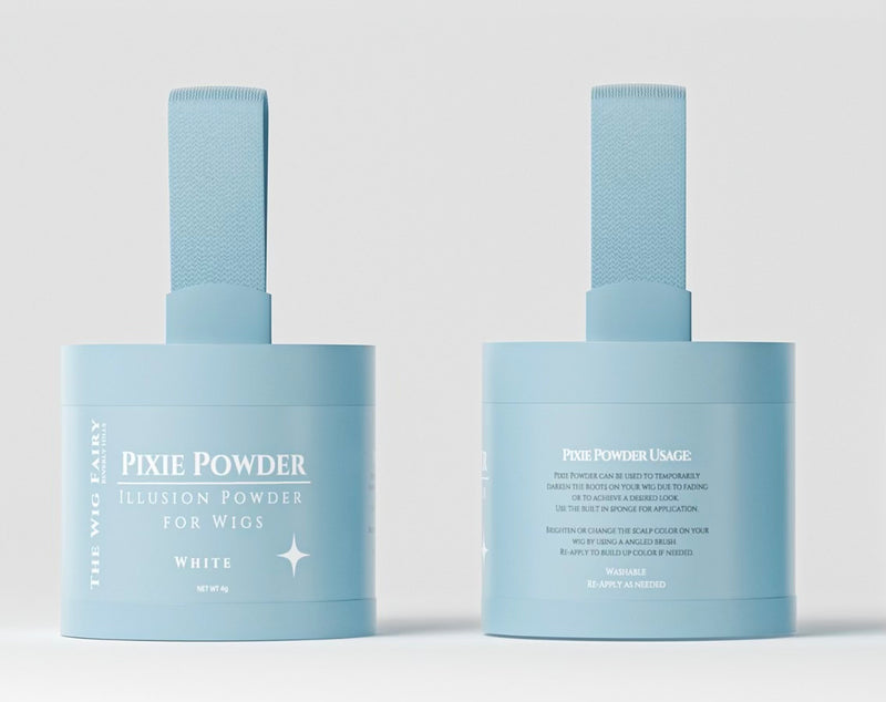 White Wig Fairy Powder in a stylish baby blue box, offering versatile coverage for bald spots and matching the scalp to create a seamless wig look