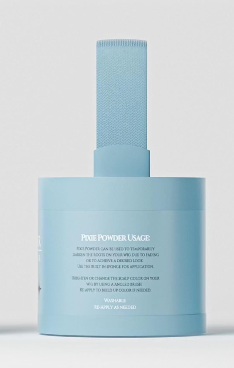 Wig Fairy Powder in a medium brown shade inside a sleek baby blue box, perfect for filling in bald spots and blending scalp color for a seamless look
