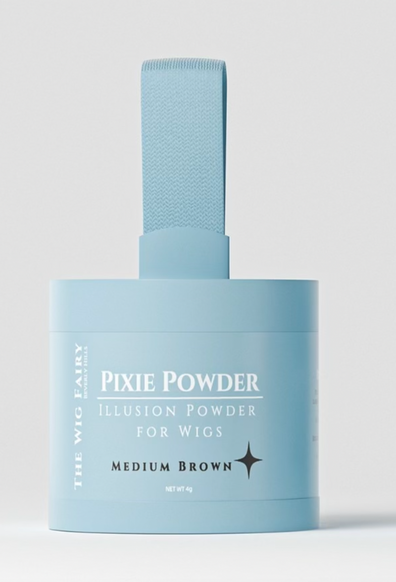 Wig Fairy Powder in medium brown, housed in a baby blue box. Ideal for creating a fuller, natural look by covering bald spots or matching scalp tone to skin tone.