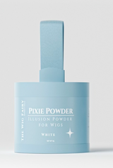White Wig Fairy Powder in a baby blue box, perfect for creating a natural and fuller look by blending with the wig's scalp and reducing bald spot visibility.
