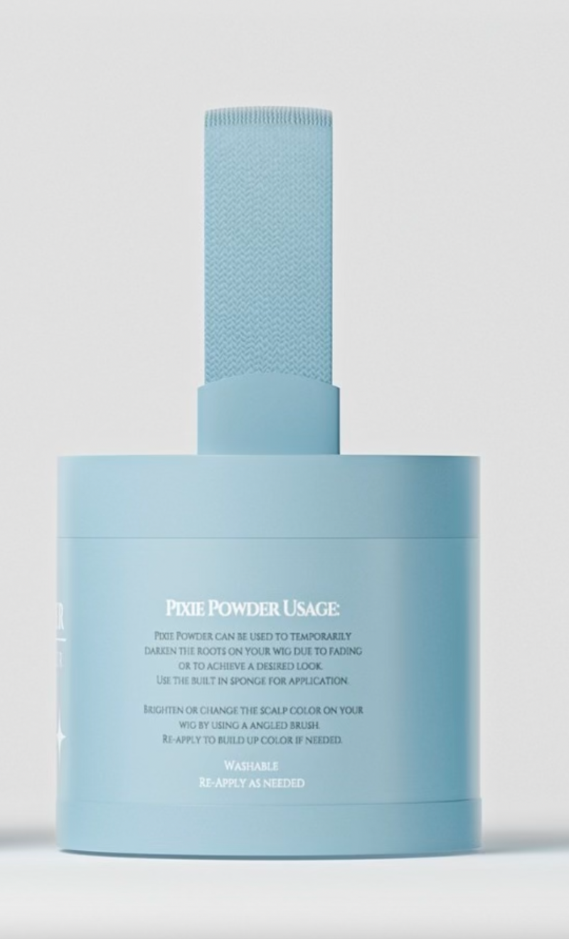 White Wig Fairy Powder packaged in a sleek baby blue box, designed to enhance the natural appearance of wigs and cover bald spots with a flawless finish.