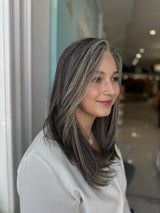 Side profile of human hair wig in salt & pepper blend color on model