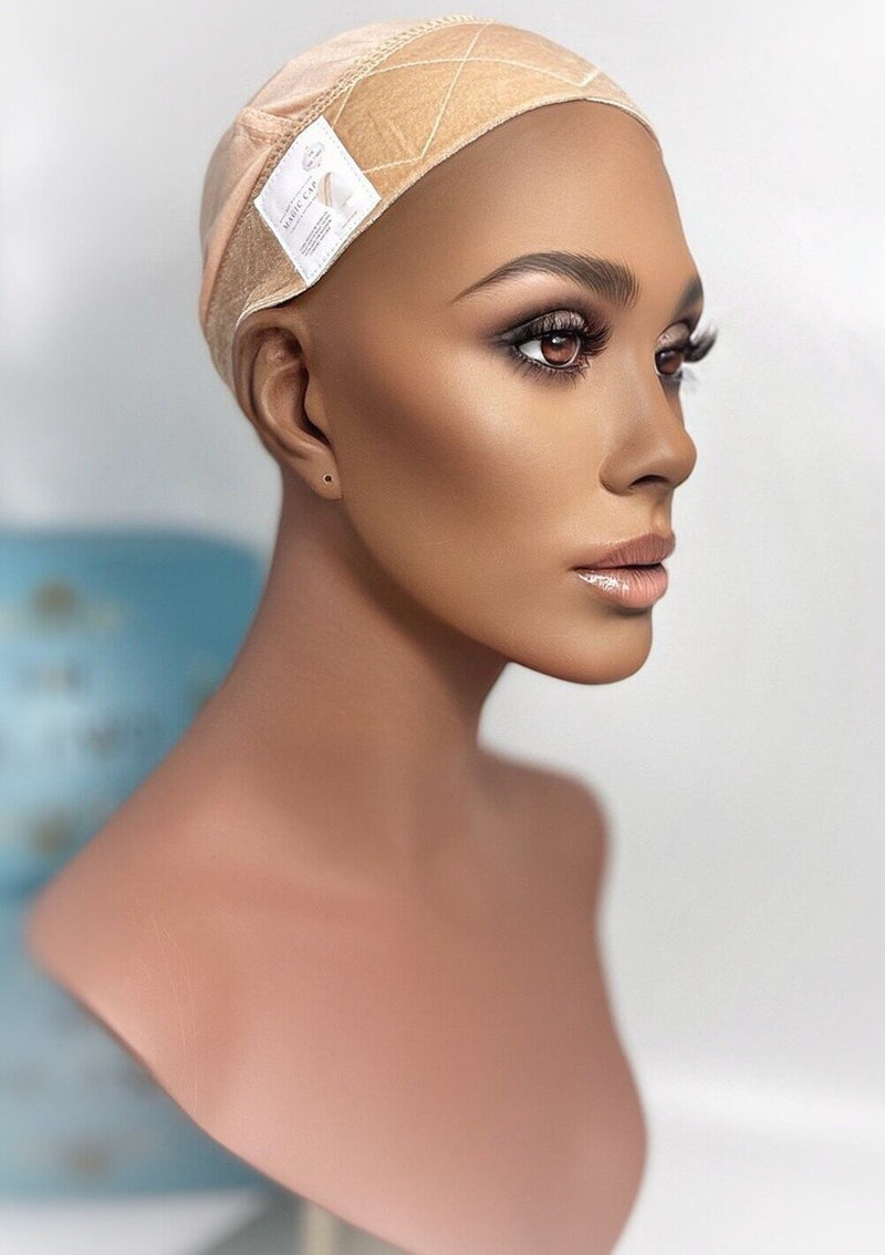 Side view of Mona-Mor Magic Cap in blonde velvet on mannequin, designed for secure and comfortable wig wear without combs or clips.