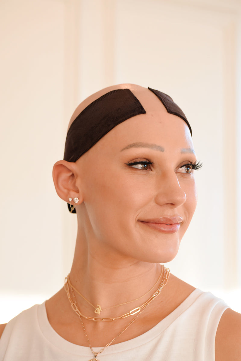 Side profile of woman wearing The Wig Fairy beige velvet wig grip band, styled to hold wigs securely without clips or glue.