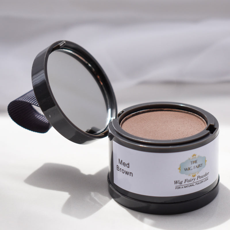 Wig Fairy Powder in medium brown for a fuller, more natural look. Can be used to cover bald spots or match the scalp color to your skin tone for a seamless blend.